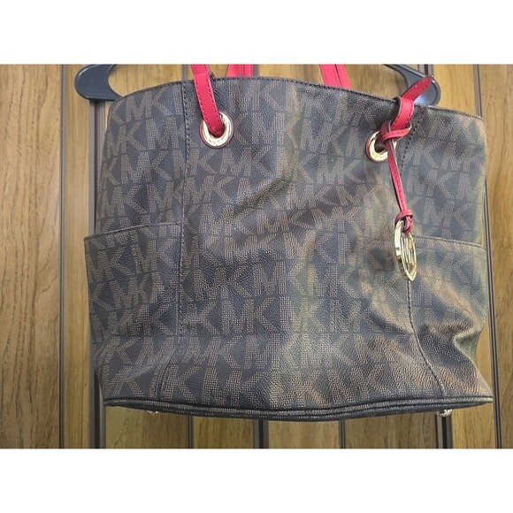 Michael Kors MK Jet Set Signature Brown Magenta Straps Purse Handbag Tote Bag - Picture 2 of 10